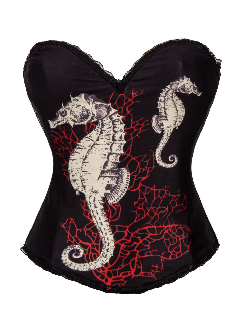 F66368 Hippocampus & Red Sea Coral Prints Burlesque Costume Corset